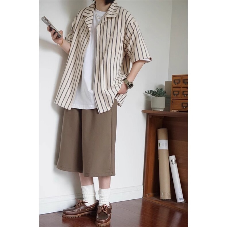 cityboy日系复古vintage古巴领条纹短袖衬衫男休闲宽松高级感衬衣,男装衬衫,星座1210-1