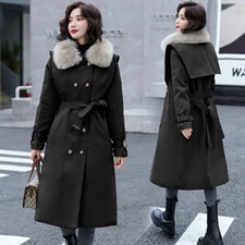 2025冬季新款简约时尚系带收腰气质真大毛领新派克服棉服，女装棉衣/棉服，卡杰菲