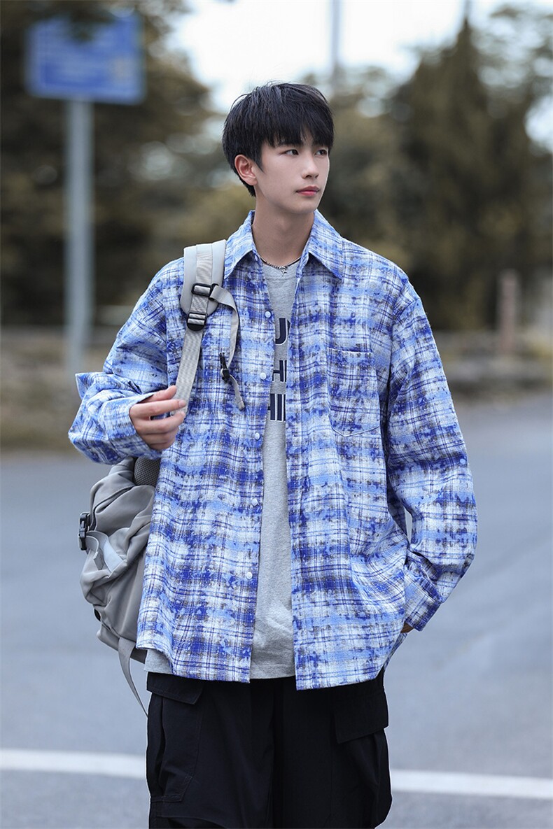 日系潮牌美式街头扎染格子衬衫男生百搭长袖衬衣CS7222P55控88,男装衬衫,电商B413-1