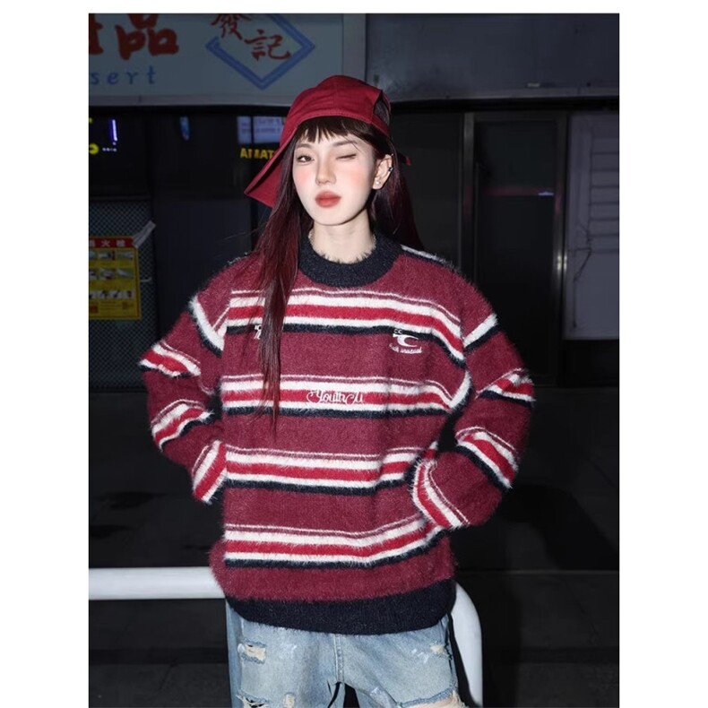 网图 现货 条纹水貂毛圆领毛衣男女松弛感慵懒风套头针织B45-P55图片