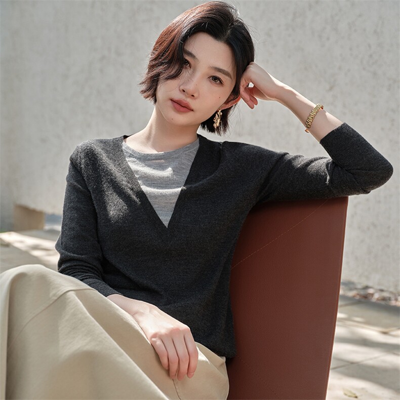 100%纯山羊绒2025秋冬新款女羊绒衫假两件V领高级纯色针织套衫,女装羊绒衫,江帆羊绒