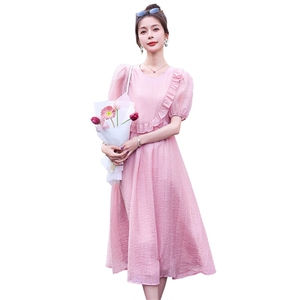 粉色木耳边超仙连衣裙女中长款2026夏季新款法式显瘦泡泡袖初恋裙图片