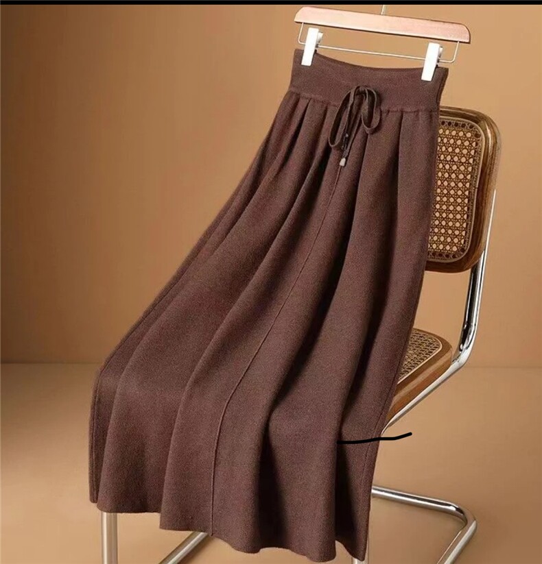 时尚百搭抽绳大摆显瘦半身裙优雅气质长款针织裙舒适高腰设计，女装半身裙，君贝羊绒