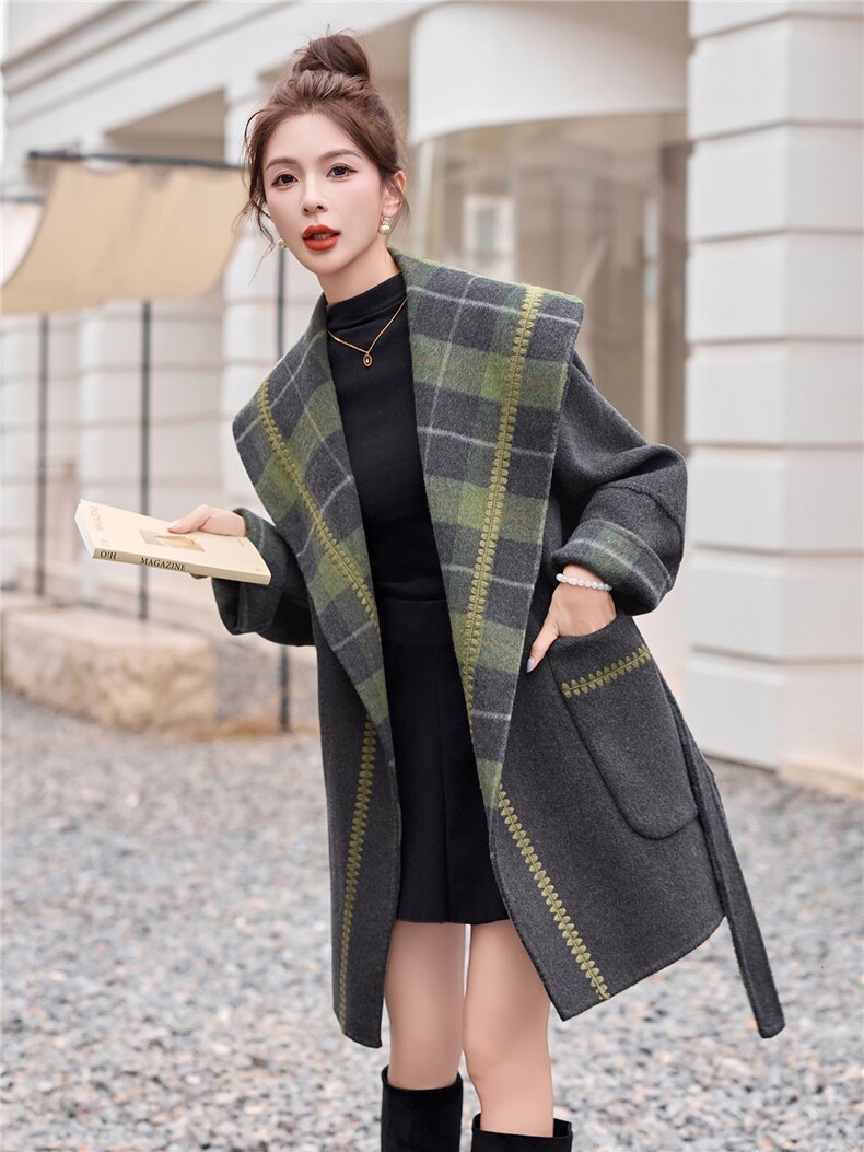 现货2025年冬季格子双面羊毛呢正反两穿刺绣定制款羊毛大衣,女装双面呢大衣,琦鑫阁（原依鑫阁）