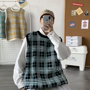 韩版格子背心情侣无袖针织衫加厚潮流毛衣男女上衣外套QT801-P55图片