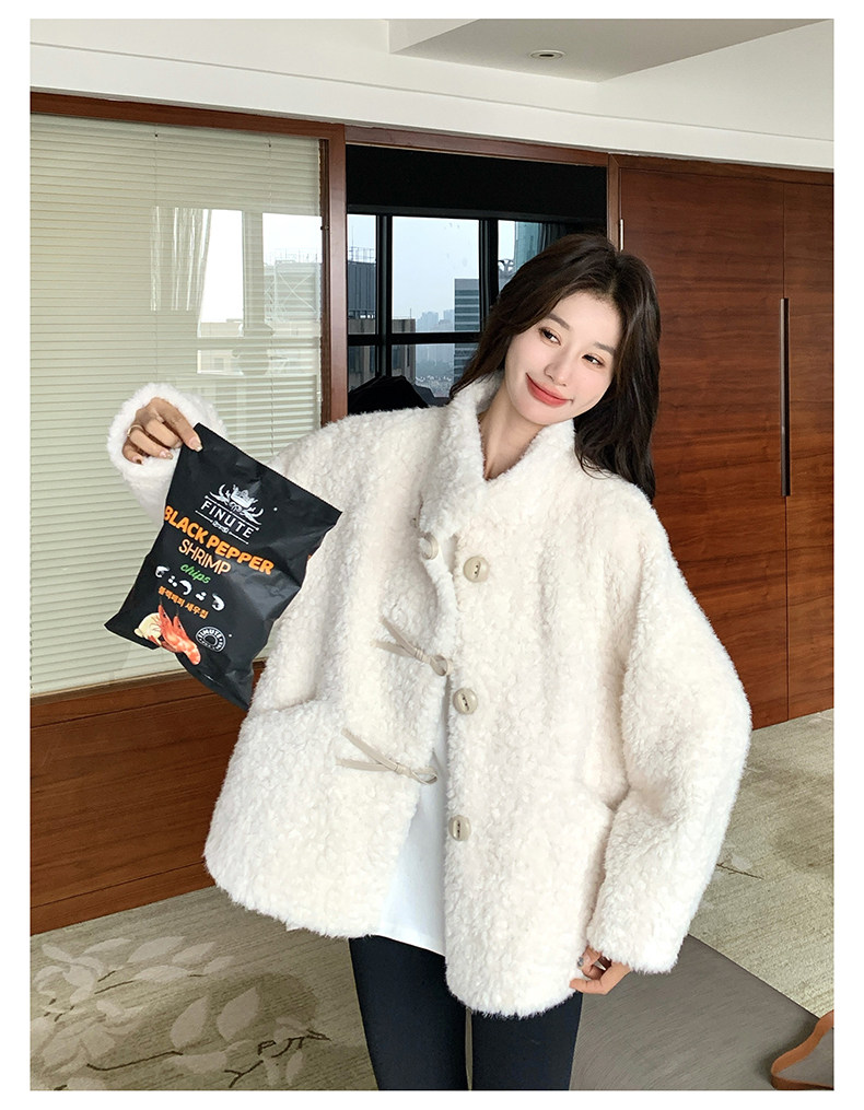 米白色颗粒绒羊羔毛短外套独特漂亮巨好看温柔软糯上衣冬，女装羊羔毛/颗粒绒，慧峰