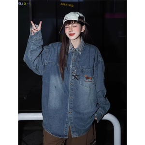 秋季美式休闲水洗复古牛仔衬衫长袖宽松潮牌高街百搭衬衣CS4510图片