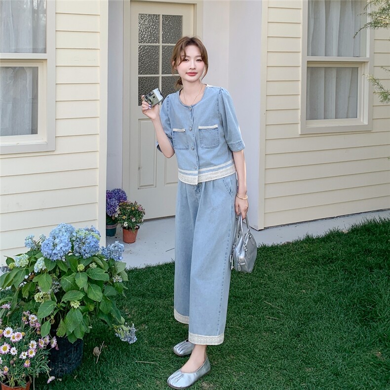 蓝色蕾丝拼接牛仔套装裙女夏季2025新款气质休闲上衣阔腿裤两件套,女装套装/套裙,2C159
