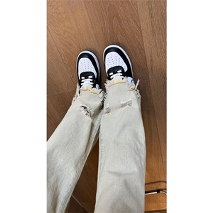 现货 黄泥美式vibe裤高街黑色破洞微喇直筒毛边牛仔裤男 K890-P55图片