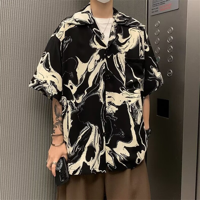 夏季新款短袖衬衫男女韩版潮流轻熟风半袖古巴领衬衣服-C077-p35,男装衬衫,星座601-2