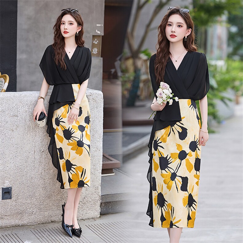 假两件荷叶边连衣裙女夏2025新款高级感气质修身v领洋气包臀裙子，女装连衣裙，鑫鑫美