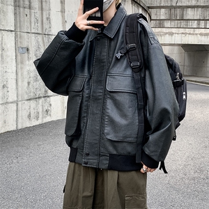 美式潮牌机车服皮夹克男秋季高街嘻哈宽松翻领休闲外套JK0121-P78图片