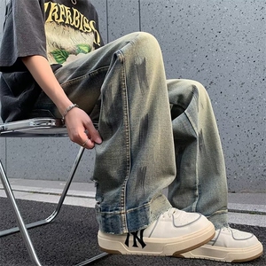 复古休闲做旧牛仔裤学生时尚百搭款垂感宽松阔腿拖地牛仔裤男图片