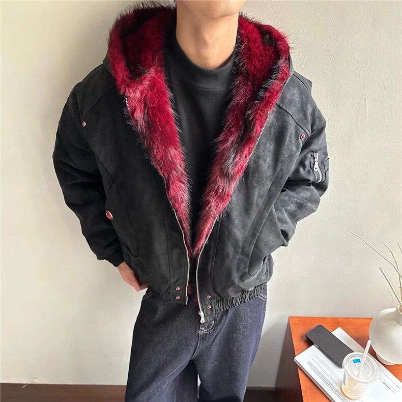 重磅小众设计感拉链连帽外套高街宽松休闲PU皮夹棉座山雕棉衣,男装棉衣,星座1210-1