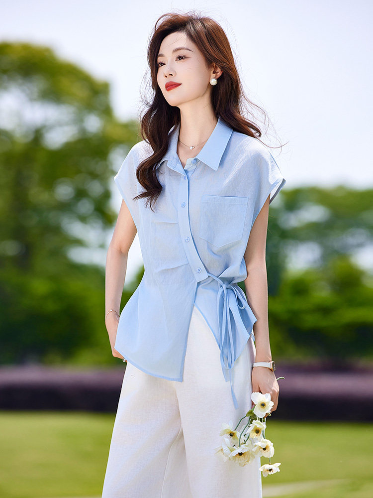 时尚休闲套装女夏季薄款2025新款高级感减龄短袖衬衫阔腿裤两件套,女装套装/套裙,靓衣阁