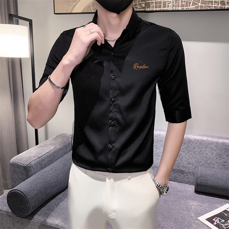 B302CS251P502023夏装潮男装中袖衬衫刺绣玫瑰花社会小伙风图片