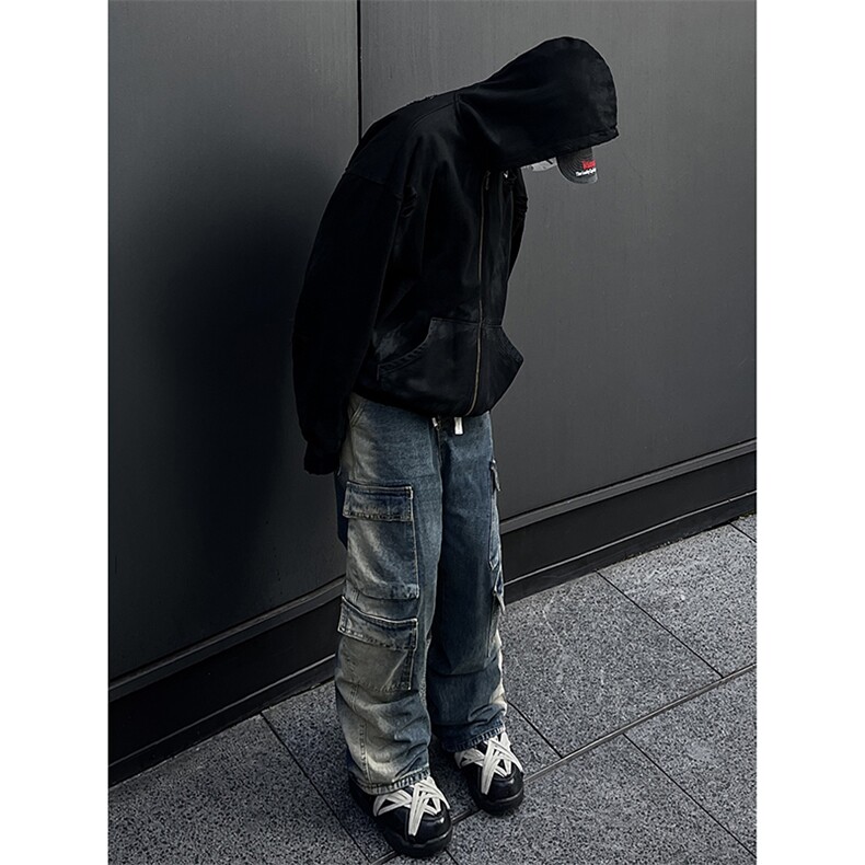 B221美式ins高街重工艺宽松做旧工装牛仔裤子LK23143-P80控108,男装牛仔裤,电商B221