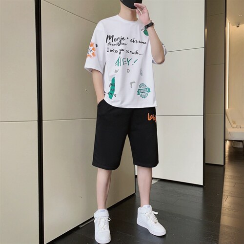 夏季短袖t恤男装潮流帅气宽松套装吸汗透气两件套F310P58，男装休闲套装，电商A086