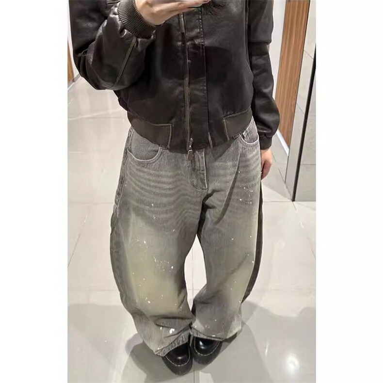 美式高腰复古水洗牛仔长裤男女立体剪裁廓形高腰阔腿宽松长裤，女装牛仔裤，星座506A