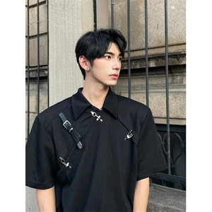小众解构设计感飞机扣皮带拼接polo衫男款夏季宽松短袖T恤 CS180图片