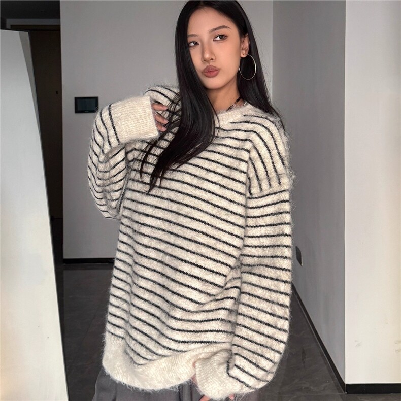 秋冬复古季慵懒撞色条纹软糯毛衣男女中性潮牌百搭圆领情侣针织衫,男装针织衫/毛衣,星座506A