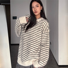 秋冬复古季慵懒撞色条纹软糯毛衣男女中性潮牌百搭圆领情侣针织衫，男装针织衫/毛衣，星座506A