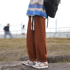 美式复古棕色休闲裤子秋季哈伦灯笼裤束脚工装裤灯芯绒裤 KA768图片