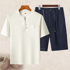 长期货夏装男士风亚麻短袖套装中老年爸爸装亚麻盘扣套装，男装T恤，钱塘723