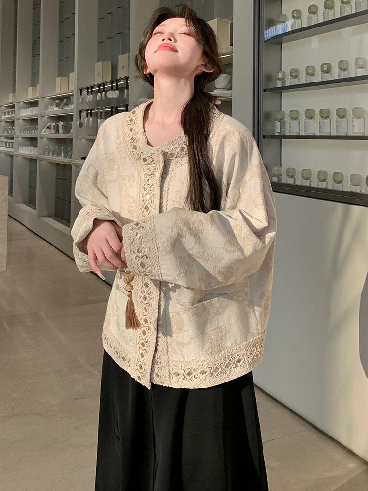 白色新中式外套女2025春季新款重工亮片国风蕾丝花边提花上衣,女装短外套,浙宝208A