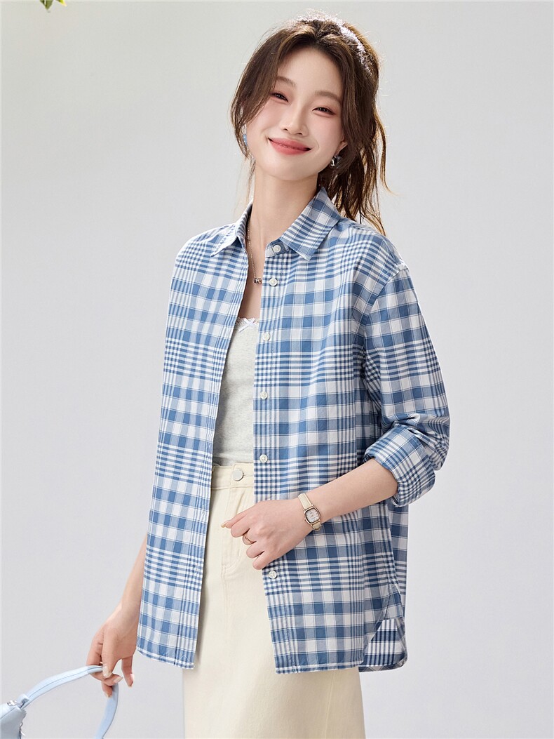2026春夏新款蓝白格纹衬衫女学院风宽松慵懒风叠穿衬衣透气纯棉,女装衬衫,艾米