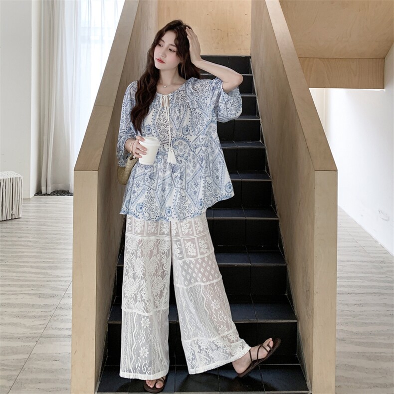 慵懒度假风宽松显瘦印花上衣套装女2025夏季日系氛围感蕾丝休闲裤,女装套装/套裙,2C198