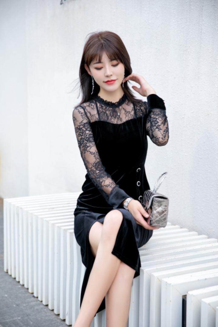 金丝绒搭配蕾丝连衣裙五个码M、乚、XL、XXL、XXX，女装连衣裙，拉思维加丝