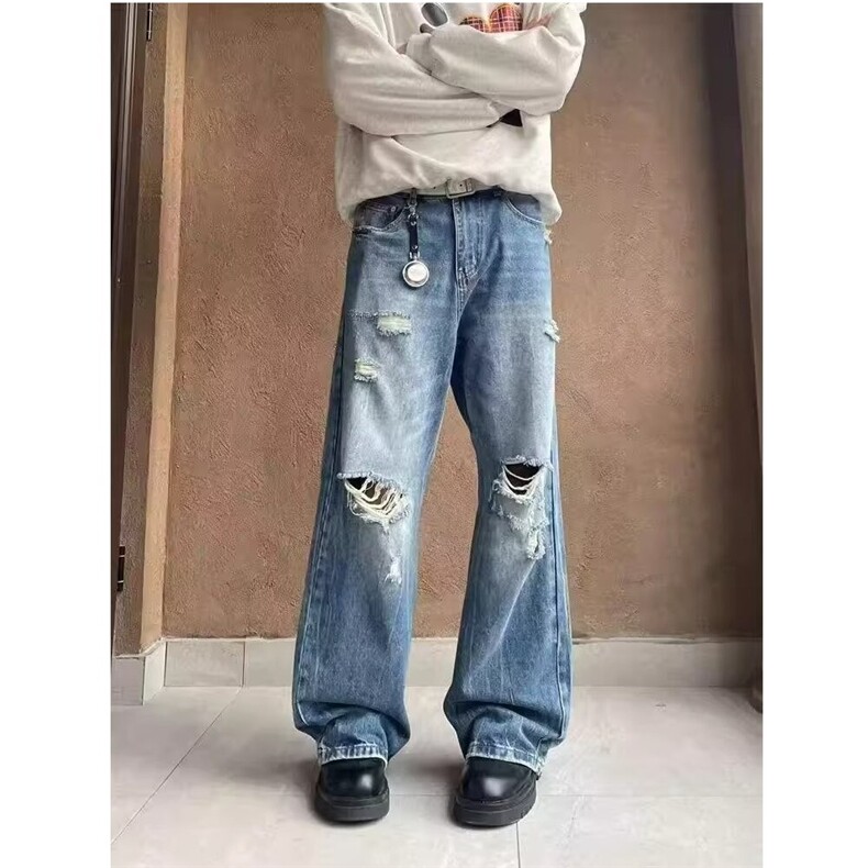 美式街头夏季破洞牛仔裤男女破坏宽松水洗直筒阔腿裤网图，男装牛仔裤，星座410-6（原星座1304-1）