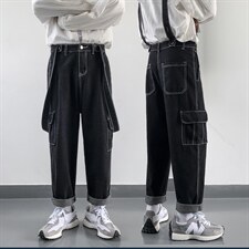 百搭吊带潮背带工装裤男士韩版宽松直筒坠感长裤牛仔裤K1106-P42，男装休闲裤，星座512-4