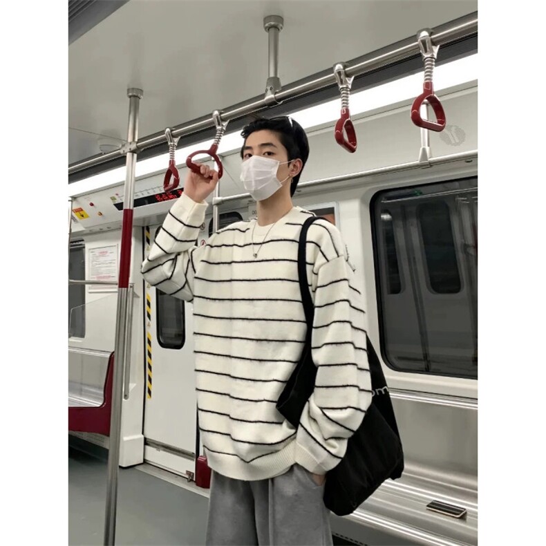 【有货】D629-P50黑白条纹简约针织衫男圆领宽松百搭毛衣长袖男,男装针织衫/毛衣,星座603-2