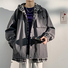 假两件格子连帽外套男春秋季美式青少年潮牌大码宽松运动休闲夹克，男装夹克，电商A001-1