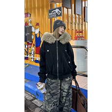 现货重磅boxy短款棉衣座山雕大毛毛领男女棉服水洗工装厚外套，男装棉衣，电商A486-1