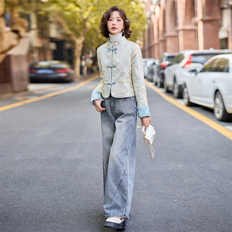 新中式轻薄羽绒服女短款2025年新款春白鸭绒时尚唐装提花外套,女装短外套,水衣源