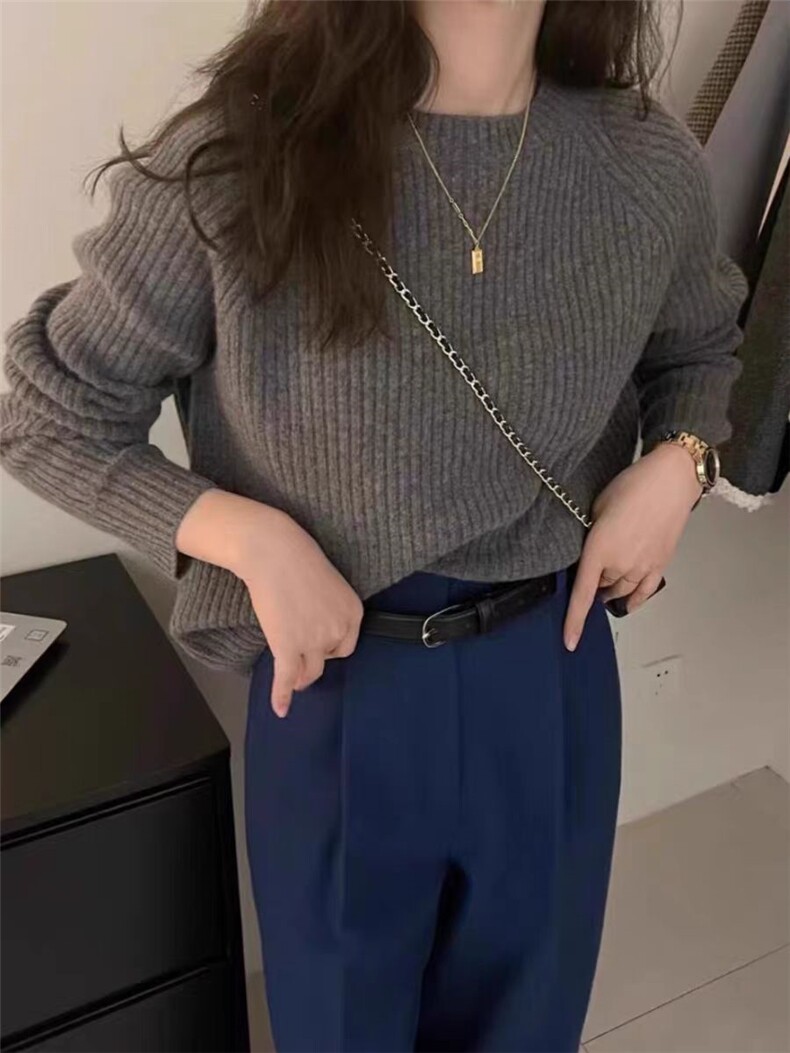 秋季新款舒适显瘦时尚百搭圆领坑条插肩针织衫,女装羊毛衫,恒恩羊绒