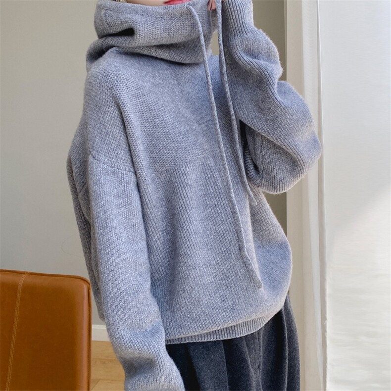 欧货重磅加厚100%纯羊毛衫女高领慵懒风宽松羊绒针织连帽打底毛衣，女装羊毛衫，忠诺羊绒