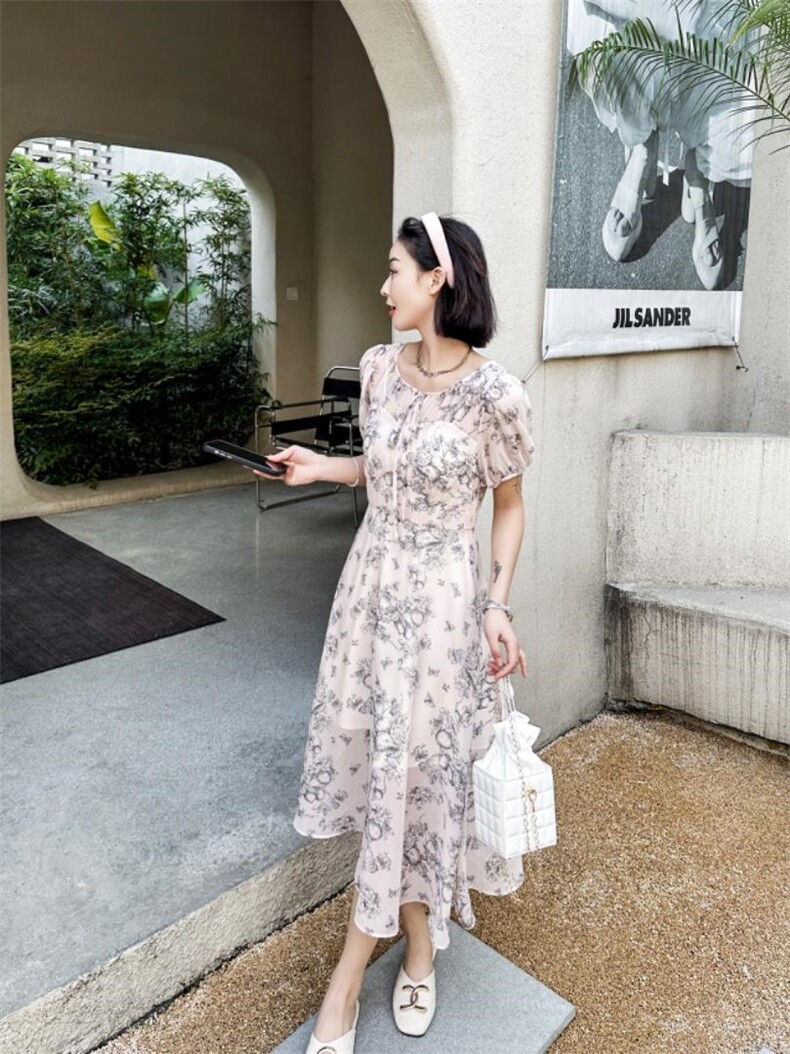 现货新款夏季连衣裙水墨印花短袖，女装连衣裙，荷塘月色