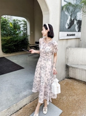 现货新款夏季连衣裙水墨印花短袖，女装连衣裙，荷塘月色