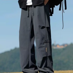 港风秋款男休闲裤褶皱刺绣直筒宽松长裤h558 P26图片