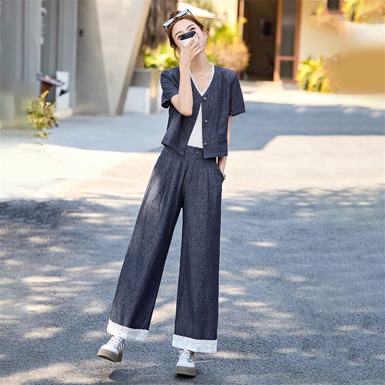 牛仔套装女2025夏季新款韩系小香风气质蕾丝九分阔腿裤穿搭一整套,女装套装/套裙,布芭啦
