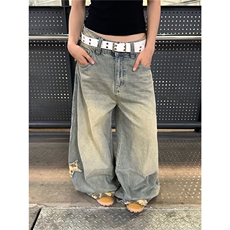 星星迷彩拼接弯刀牛仔裤新款阔腿宽松卷边拖地长裤子潮NZK1024，男装牛仔裤，星座516A
