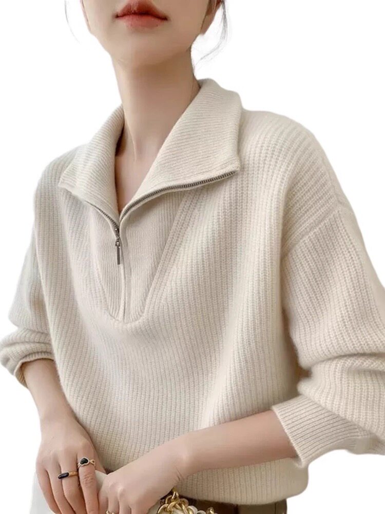 半拉链翻领内搭羊绒针织衫女士秋冬慵懒风羊毛宽松打底毛衣,女装羊毛衫,恩泰羊绒