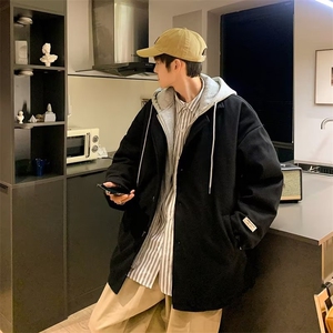 单排扣新款港风流行男毛呢假两件加厚连帽外套W169P65图片