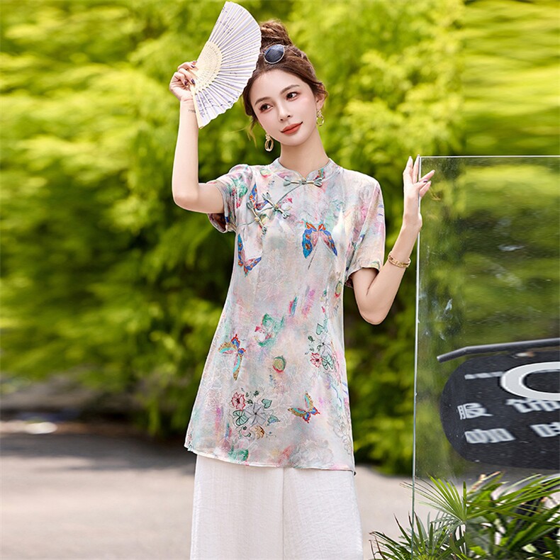 新中式盘扣改良旗袍上衣女2026夏新款超好看气质蝴蝶印花短袖衬衫,女装套装/套裙,美沁