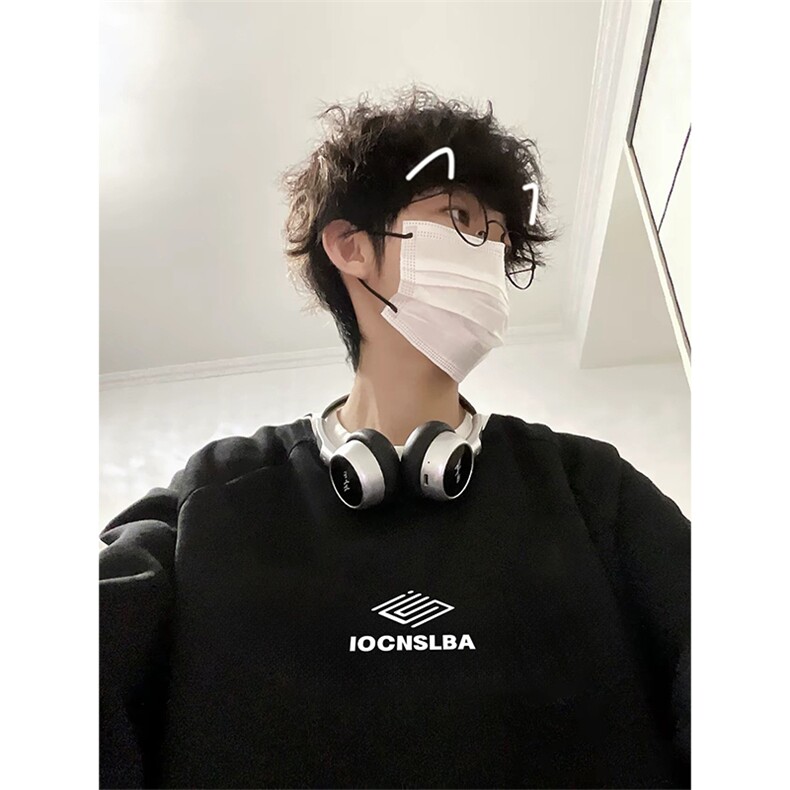 抖音得物品质支持退换480克宽松全棉加绒三条杠印花卫衣A0507,男装卫衣,电商A443