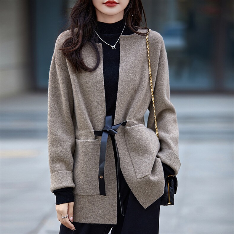 中长款100%纯羊毛开衫女圆领带兜腰带外套长袖毛衣宽松针织羊绒衫,女装羊毛衫,邦太羊绒